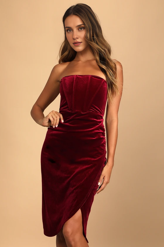 Vestidos formales Weitese para mujer, celebraciones glamurosas, vestido sin tirantes de terciopelo rojo vino, tiendas de vestidos de fiesta